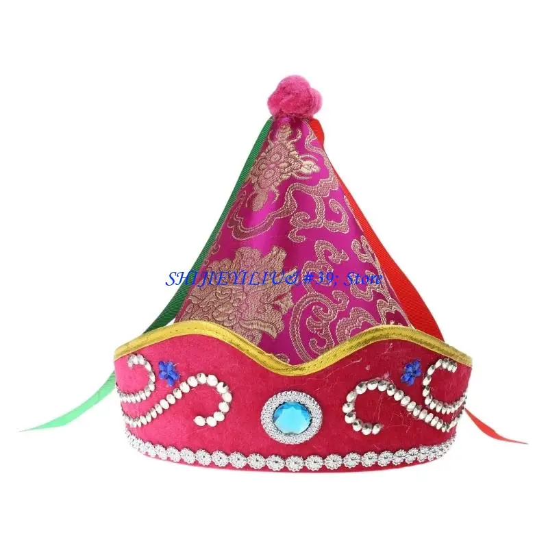 E21F Traditional Mongolian Hat Princess Headwear Embroidered Blue Caps for Men and Women Exotic Hat Elegant Rhinestones