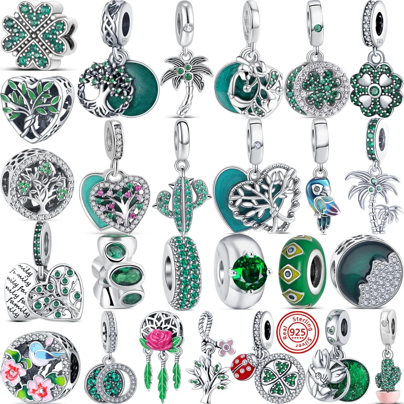 

New Green Series Tree Four Leaf Clover Parrot Sparkling Beads Fit Original Pandora Charms 925 Silver Bracelet Women Jewelry