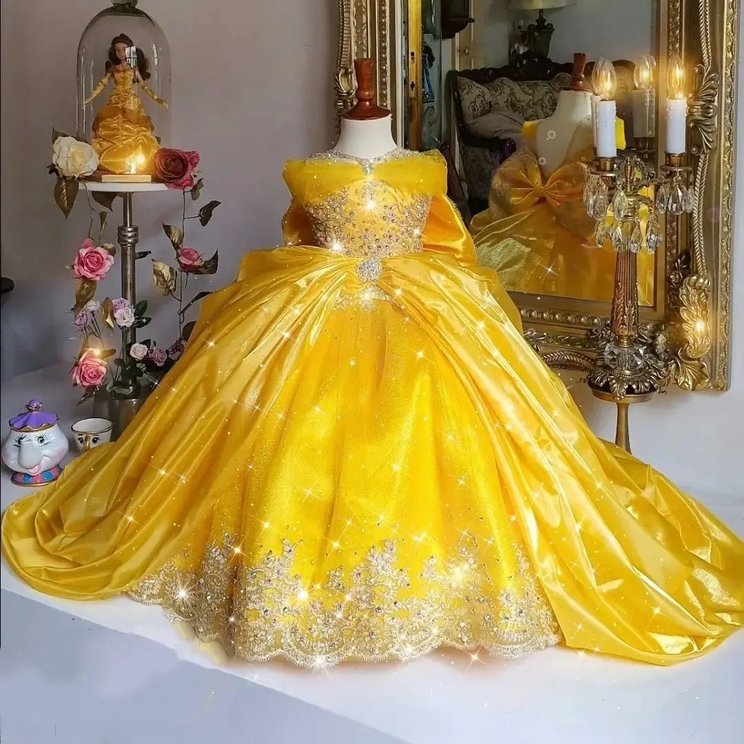 Gold Cinderella Flower Girl Dresses Bow Back Beading Princess Quinceanera Baby Girl's Birthday Party Gowns Customized