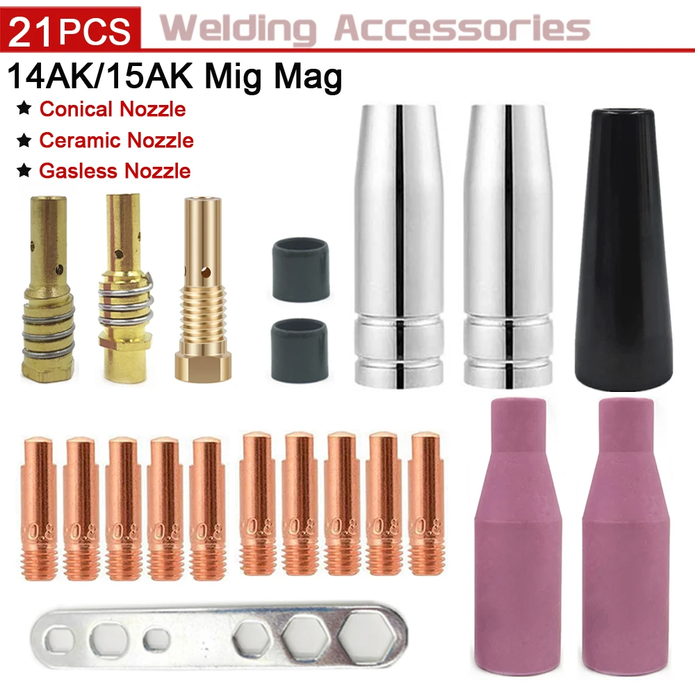 

21Pcs 14AK/15AK Gasless Nozzle Tips Welding Kit Flux Core Gasless Nozzle Welding Tips Replacement for MIG Welder Welding Tools