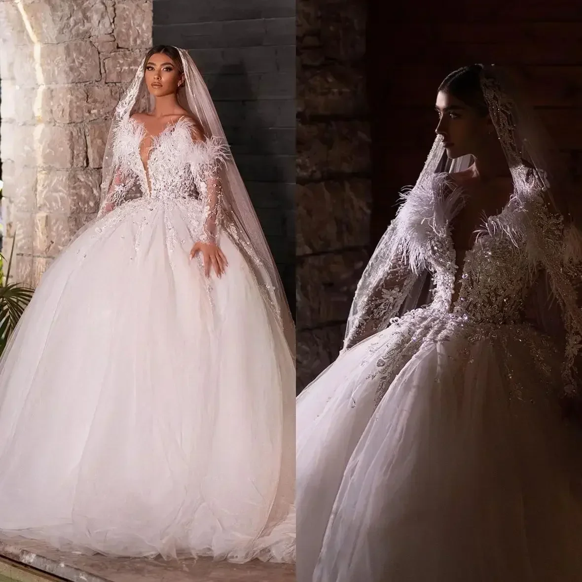 Customized Luxury Feather Illsion Long Sleeves Wedding Dress Robe De Mariée  Appliques Beads Puffy Ballgown Bridal Gown