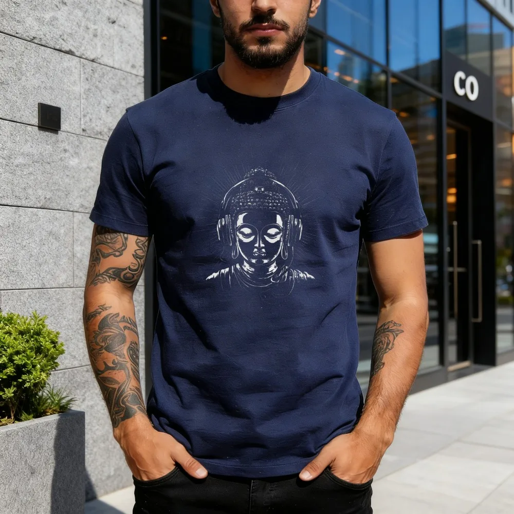 Cool Buddha with Headphones T-Shirt Zen Meets Modern Music Culture Fashion Shirt Summer Men Casual Crewneck Cotton Short Sleeve