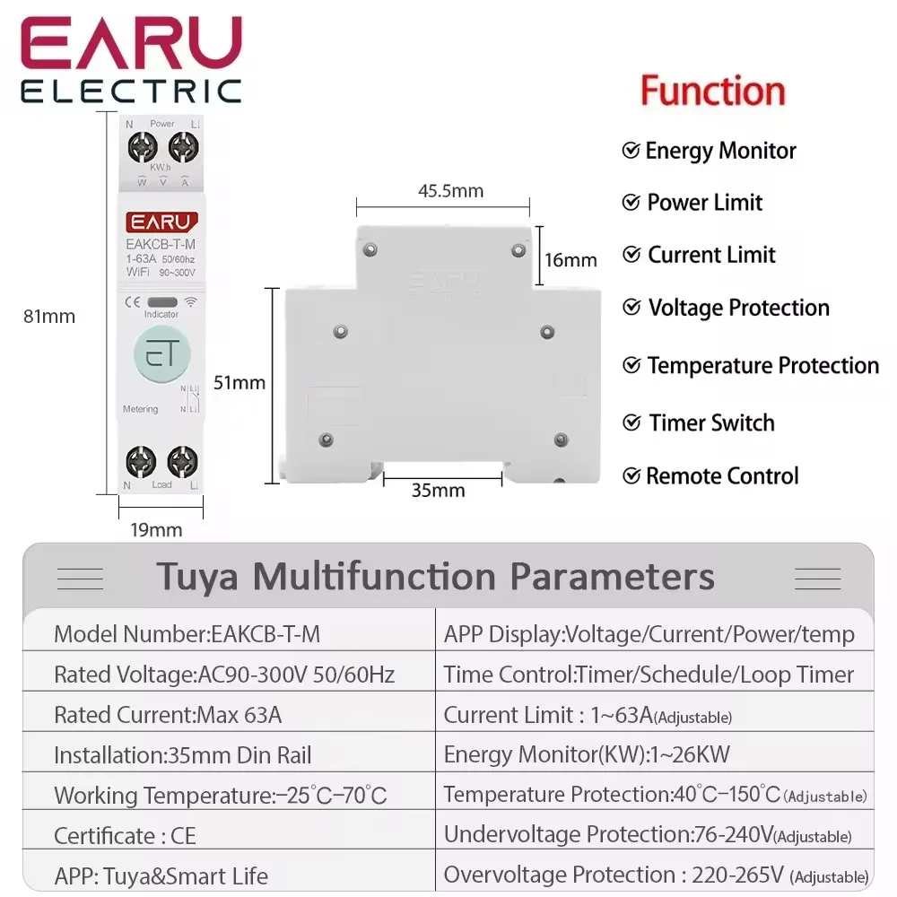 Tuya WiFi Zigbee Smart Circuit Breaker MCB 1P+N 63A Power Energy kWh Voltage Current Meter Protector Voice Remote Control Switch