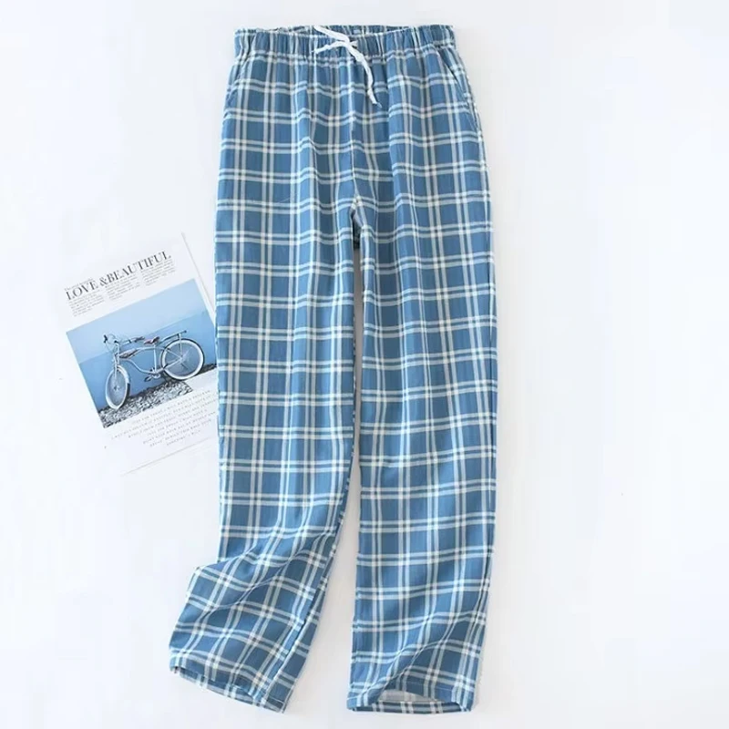 

Men's Spring and Fall Home Sweatpants Checkered Double-Layer Breathable Loose Fit Pajama Pants Youth Blue Sleeping Pants
