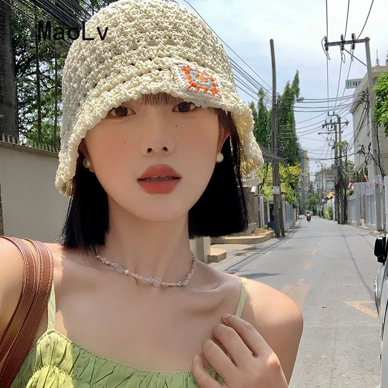 

INS Colorful Straw Hats for Women Summer Anti-UV Straw Weaving Sunshade Sunscreen Bucket Hat Seaside Vacation Beach Sun Caps