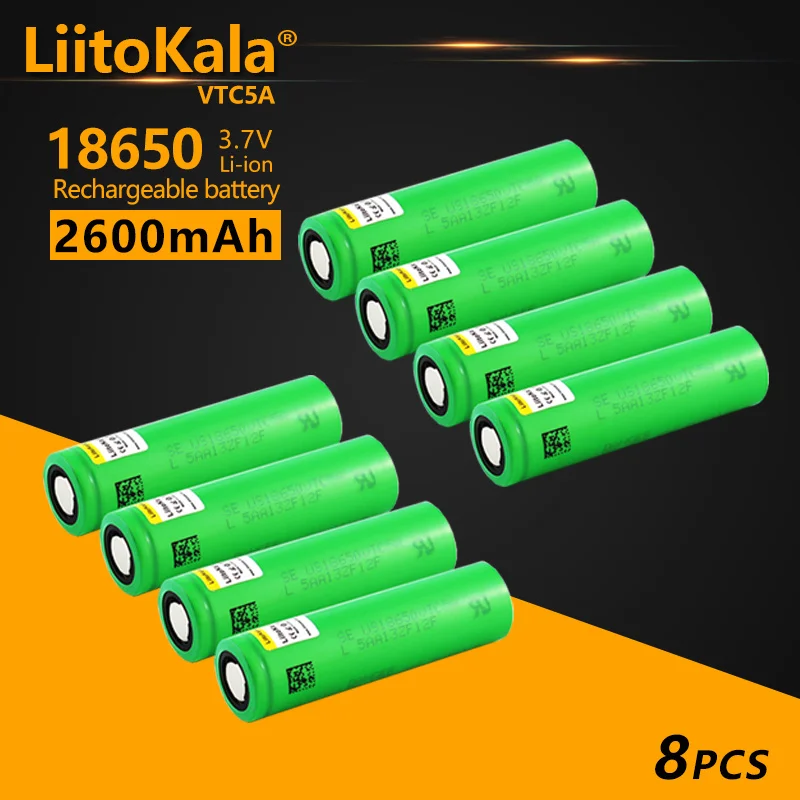 8 sztuk LiitoKala VTC5A 18650 2500mAh 25A 3.7v akumulator litowo-jonowy VTC5A płaski/bluzka z guzikami do elektronarzędzi/latarek