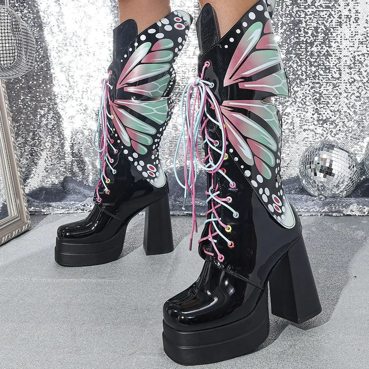 Botas altas de borboleta sexy para mulheres, ninja colorido, cybery2k, gótico, cosplay, plataforma, novo, primavera, outono, 2022