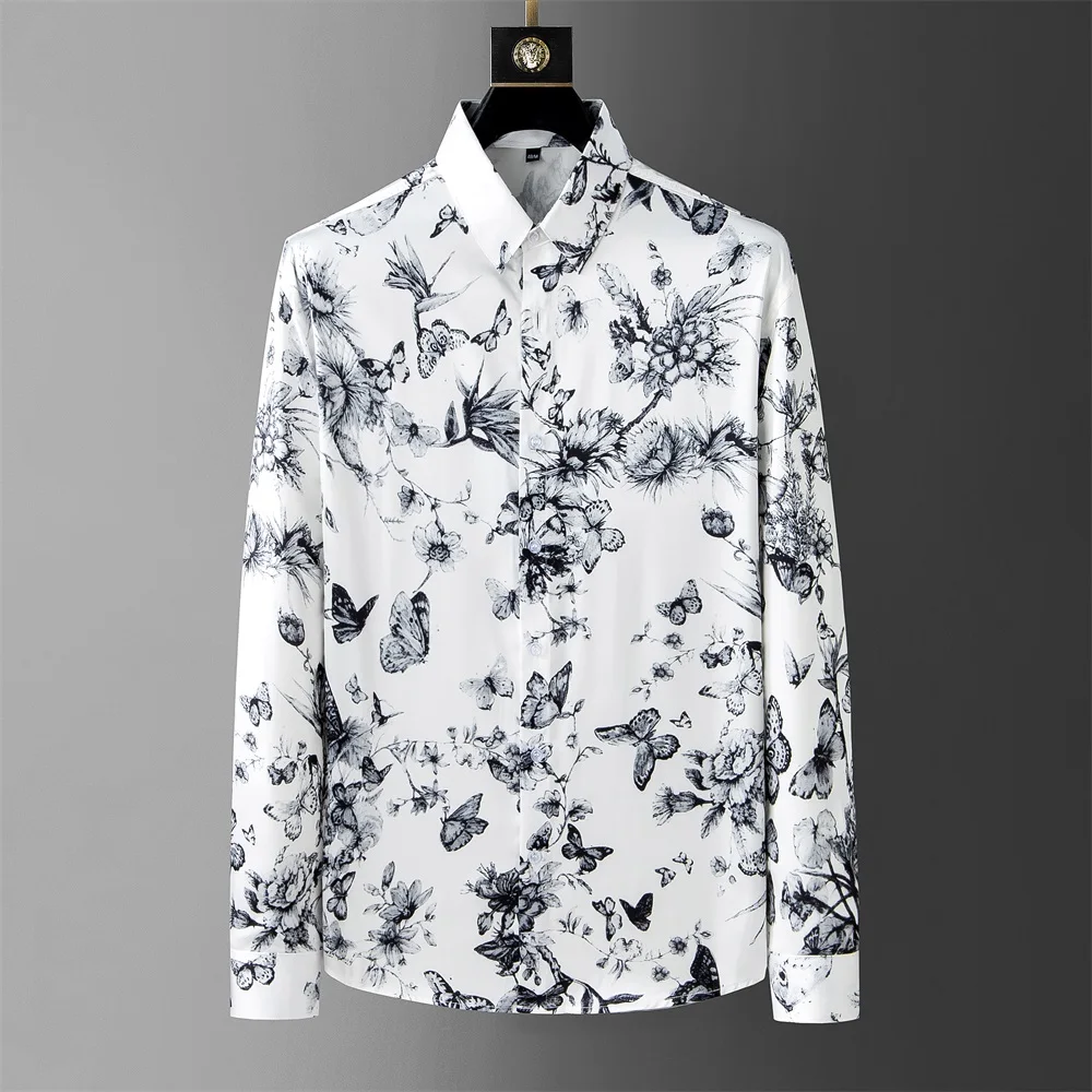 Chinese Style Printed Shirt for Men Summer Long Sleeve Casual Shirts Lightweight Breathable Business Social Streetwear Shirt