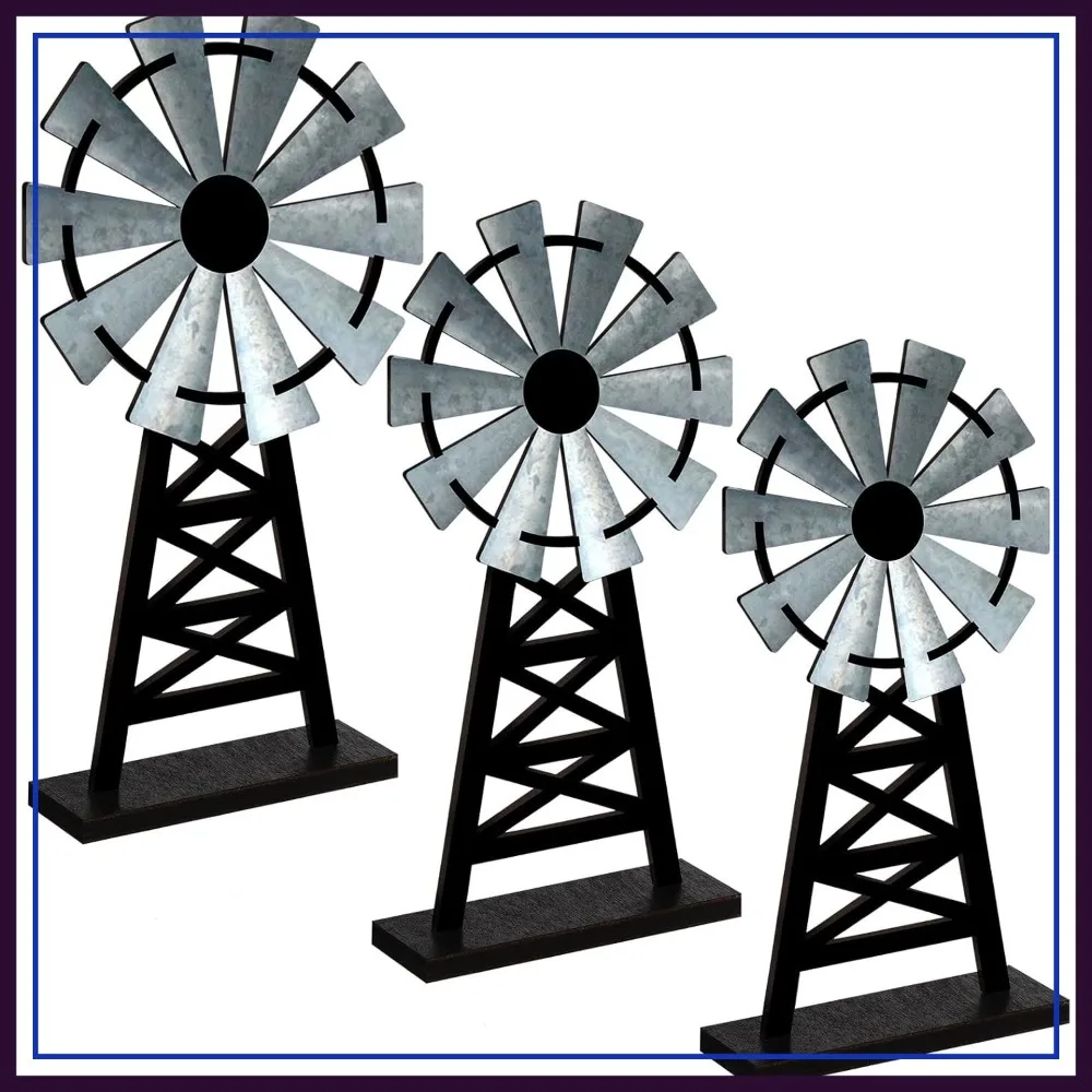 

Set of 3 Rustic Wooden Windmill Decor for Kitchen Garden Home - Distressed Black Grey