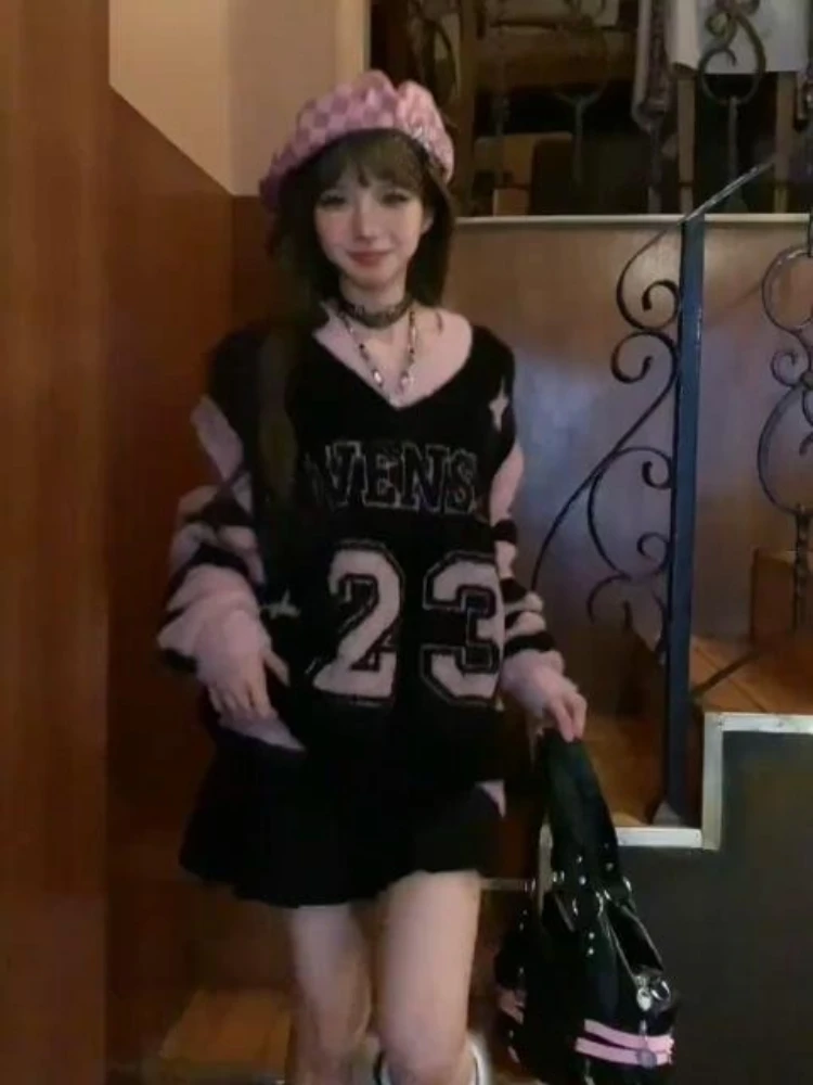 American Vintage Stripe Sweater Knit Patchwork Round Neck Long Sleeve Preppy Style Letter Pattern Fashion Casual Pullover Autumn