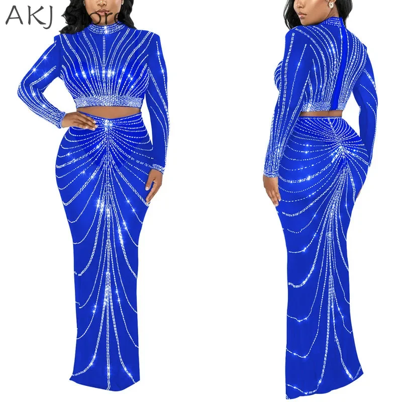 Two Piece Set for Women Sexy Solid Color See Through Sheer Mesh Glitter Top and High Waist Maxi Skinny Skirt 2pcs Set