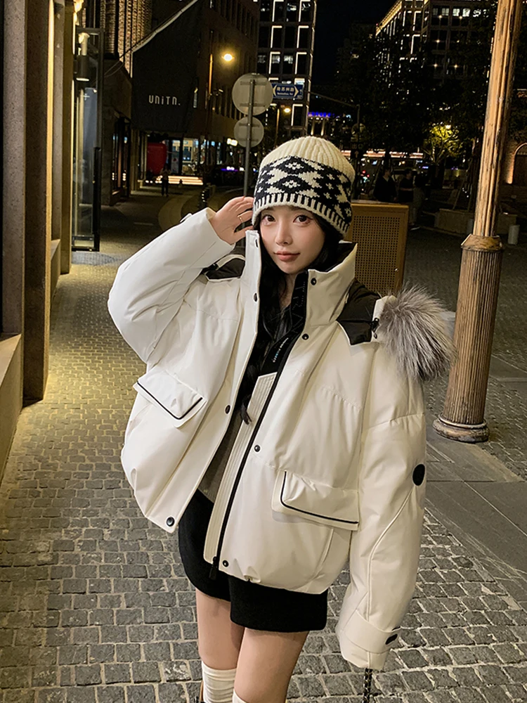 Winter Warm Real Goose Down Jackets Natural Fox Fur Collar Coat Hooded Outdoors Puffer Jackets Women Thick Female Coats