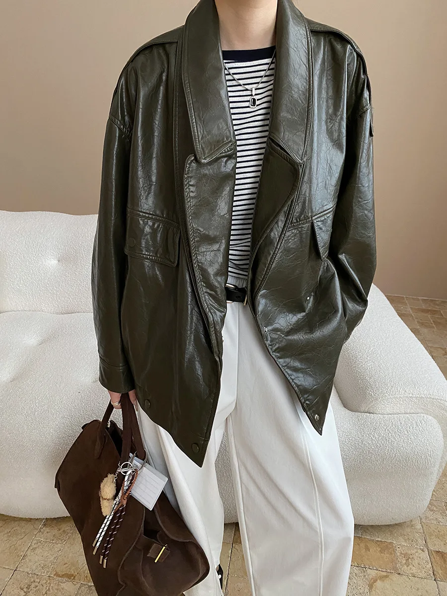 PU 가죽 이중 레이어 칼라 디자인, 루즈핏 가죽 재킷