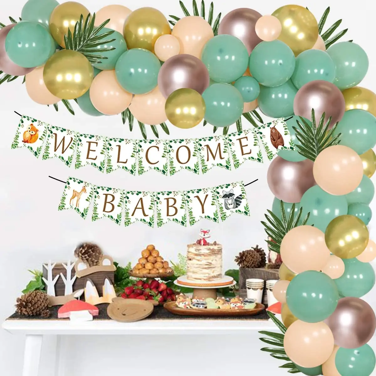 

Woodland Creatures Baby Shower Decorations Sage Green Balloon Garland Arch Kit with Welcome Baby Banner and Artificial Leaves