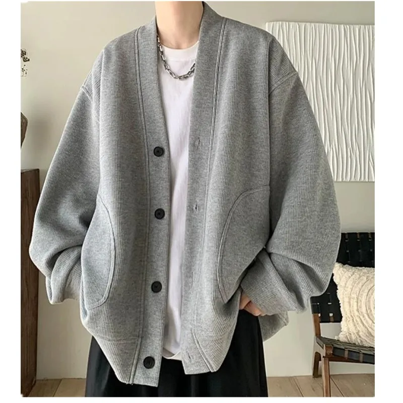 High-end Men Knitted Sweater Japanese Lazy Style Spring Autumn Jacket American Retro Loose Casual Coat With Two Big Pockets
