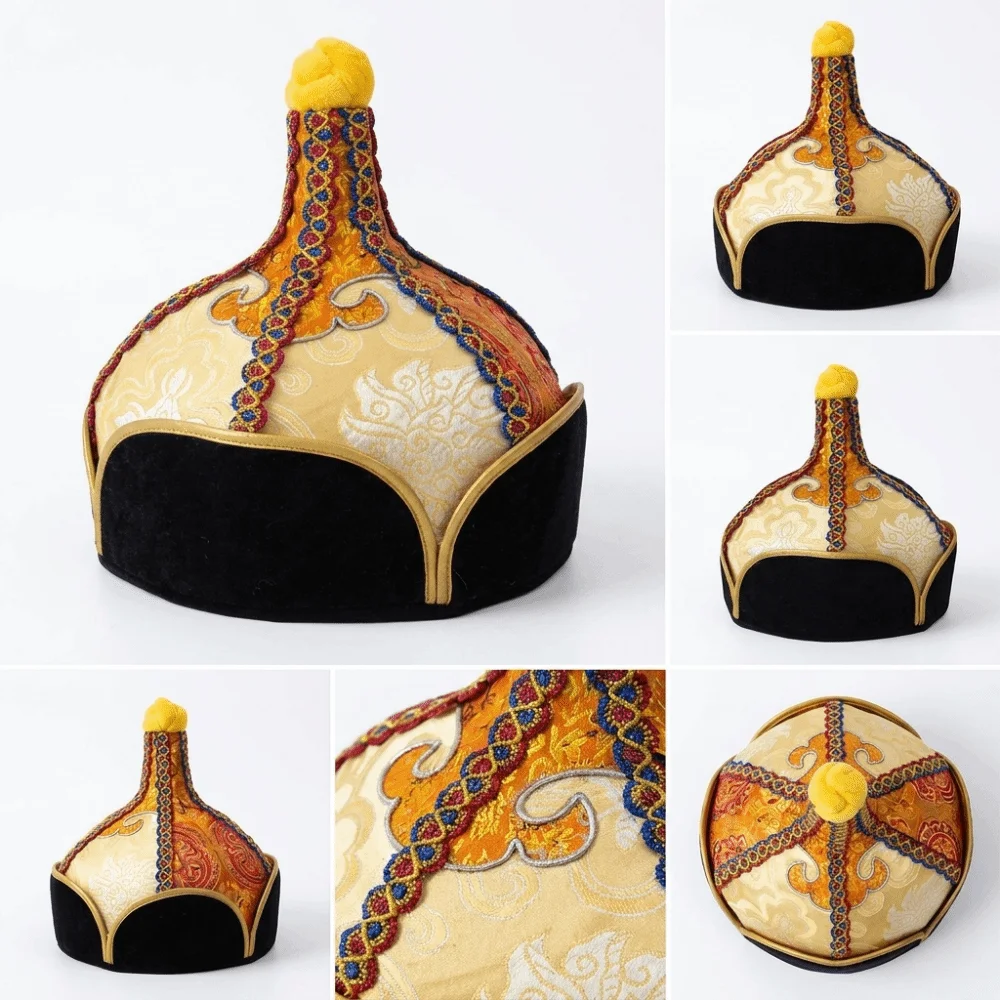 Golden and Blue Pointed Dance Hat Stable Pointed Shape Lightweight Texture Ethnic Costume Headwear Comfortable Wearing