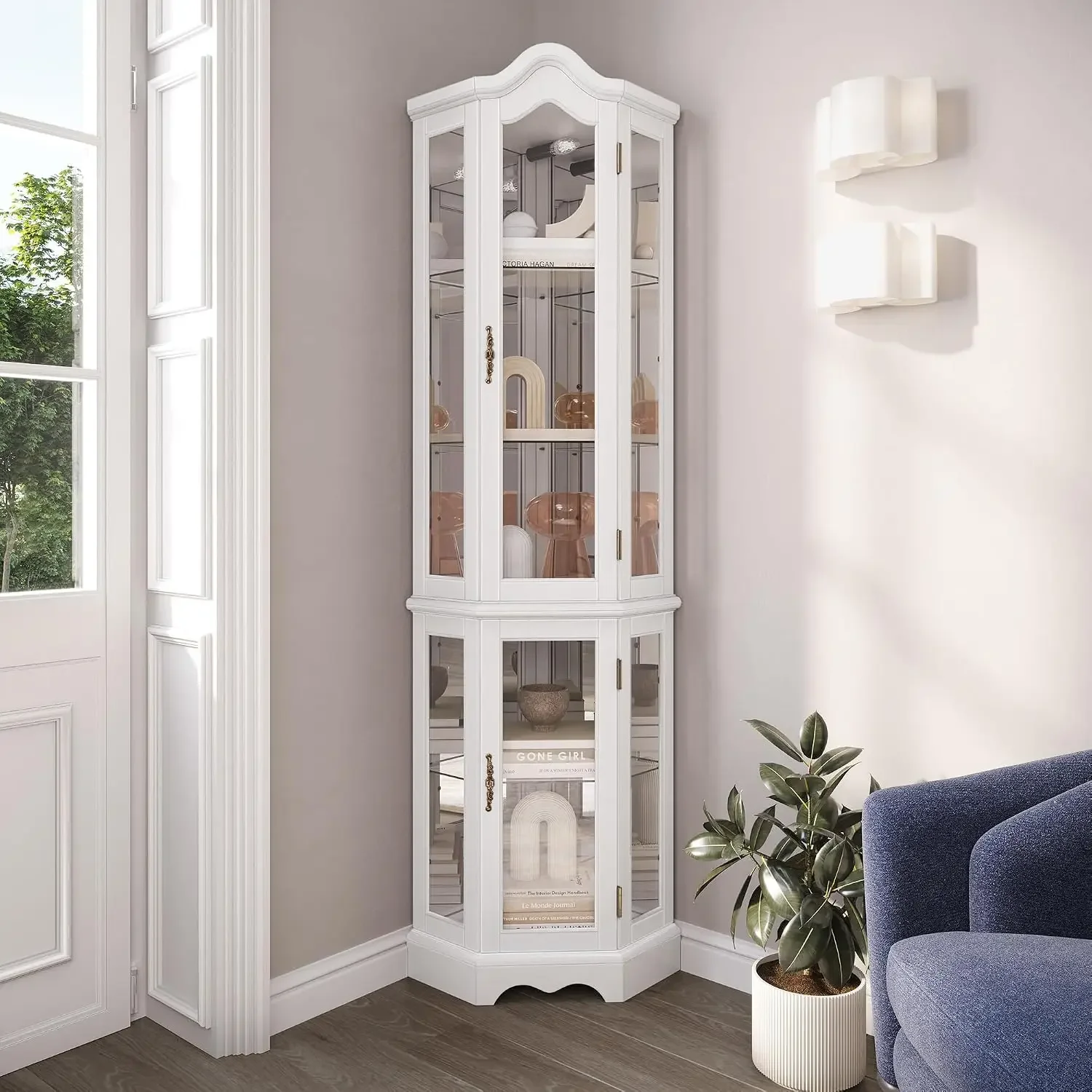 Lighted 3-Side Glass Display Curio Cabinet w/ Tempered Glass Doors and Shelves, Curved Wood Corner Cabinet with Bulb, Corner Sto