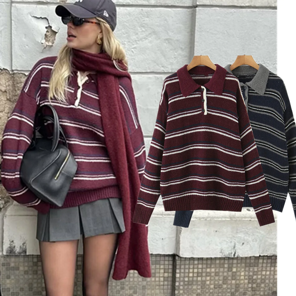

Jenny&Dave American Retro Red And Green Striped Sweater Mohair Autumn And Winter Pullover Sweater Knitted Sweater For Women