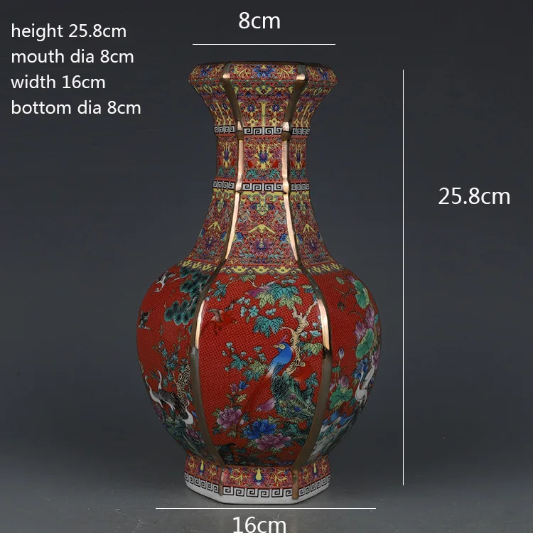 Qianlong Enamel Orange Flower And Bird Hexagonal Vase Antique Jingdezhen Porcelain Home Chinese Decoration