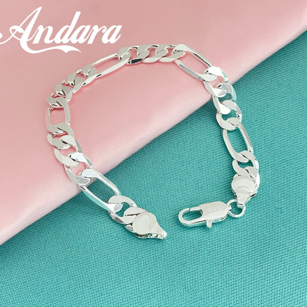 Andara 925 Sterling Silver 8MM Gold/Silver Full Side Figaro Chain Bracelet For Woman Man Fashion Wedding Jewelry Gift