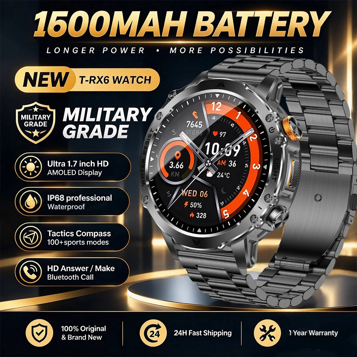 New T-REX3 Ultra 1600mAh Battery SmartWatch 10ATM Waterproof GPS Compass Flashlight 1.7