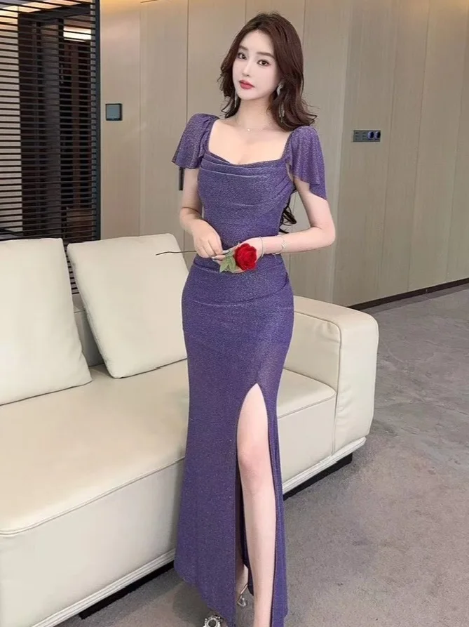 Sexy Einfarbiges Abendkleid Geburtstagsparty Formelles Langes Kleid Massage-SPA Weiche Uniform Arbeitskleidung A-Linien-Rock Kurzarm