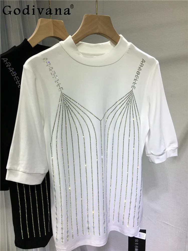 

European Heavy Industry Hot Diamond Fashion Slim White Short Sleeve T-shirt 2025 Summer Street Girls New O-neck Versatile Top