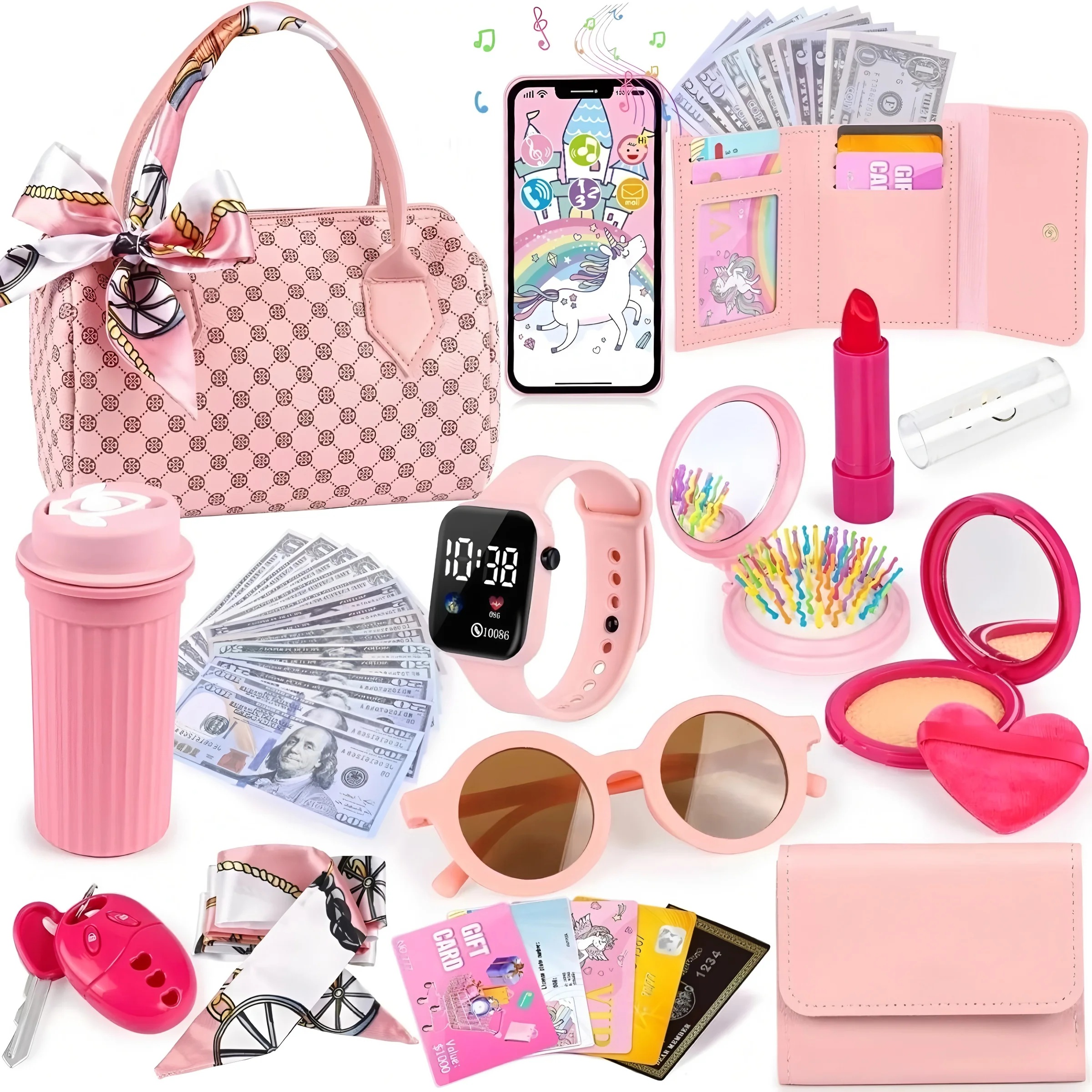 Realistic Pretend Play Handbag for Girls - Kids Dress Up Toy Purse Set with Watch, Phone, Comb & Accessories | Safe Toddler Gift