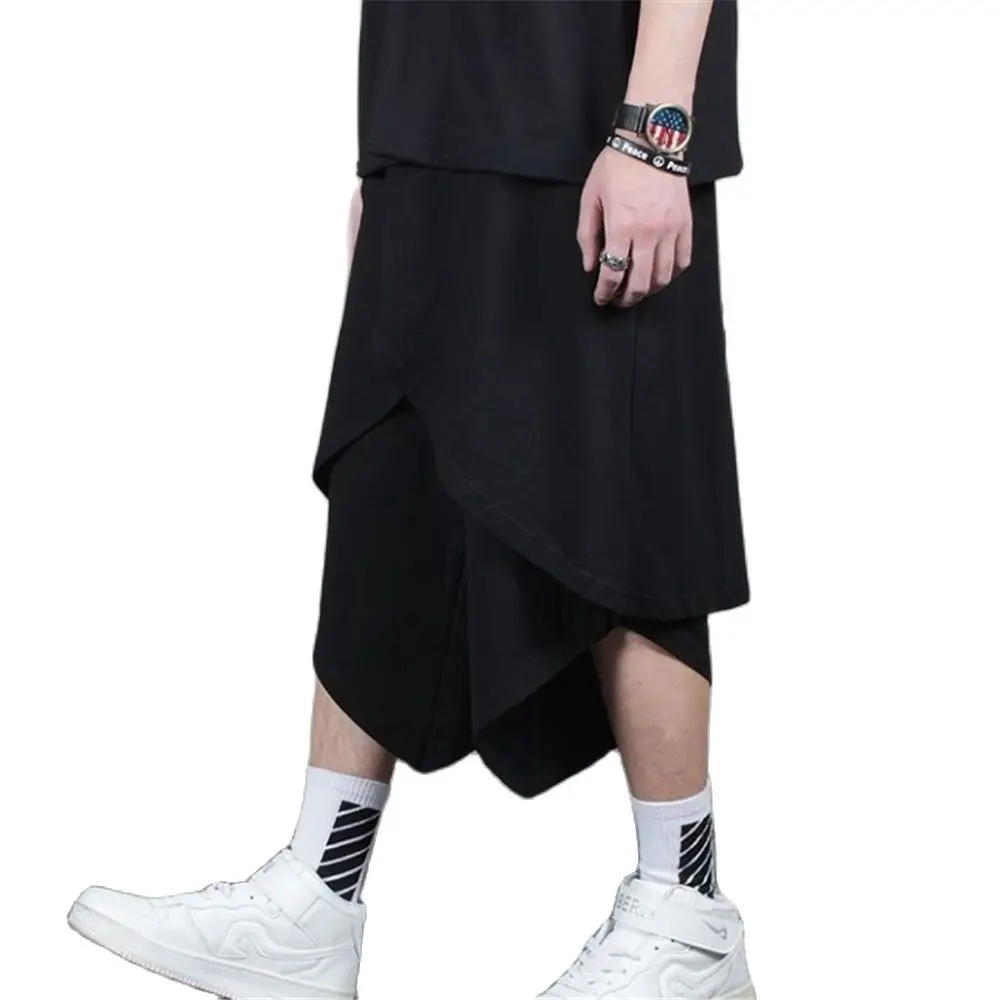 Fake Two Pieces Trousers Of Irregular Culottes Harem Cropped Pants Men  Hip-Hop Shorts Male Hair Stylist Personality 26-42