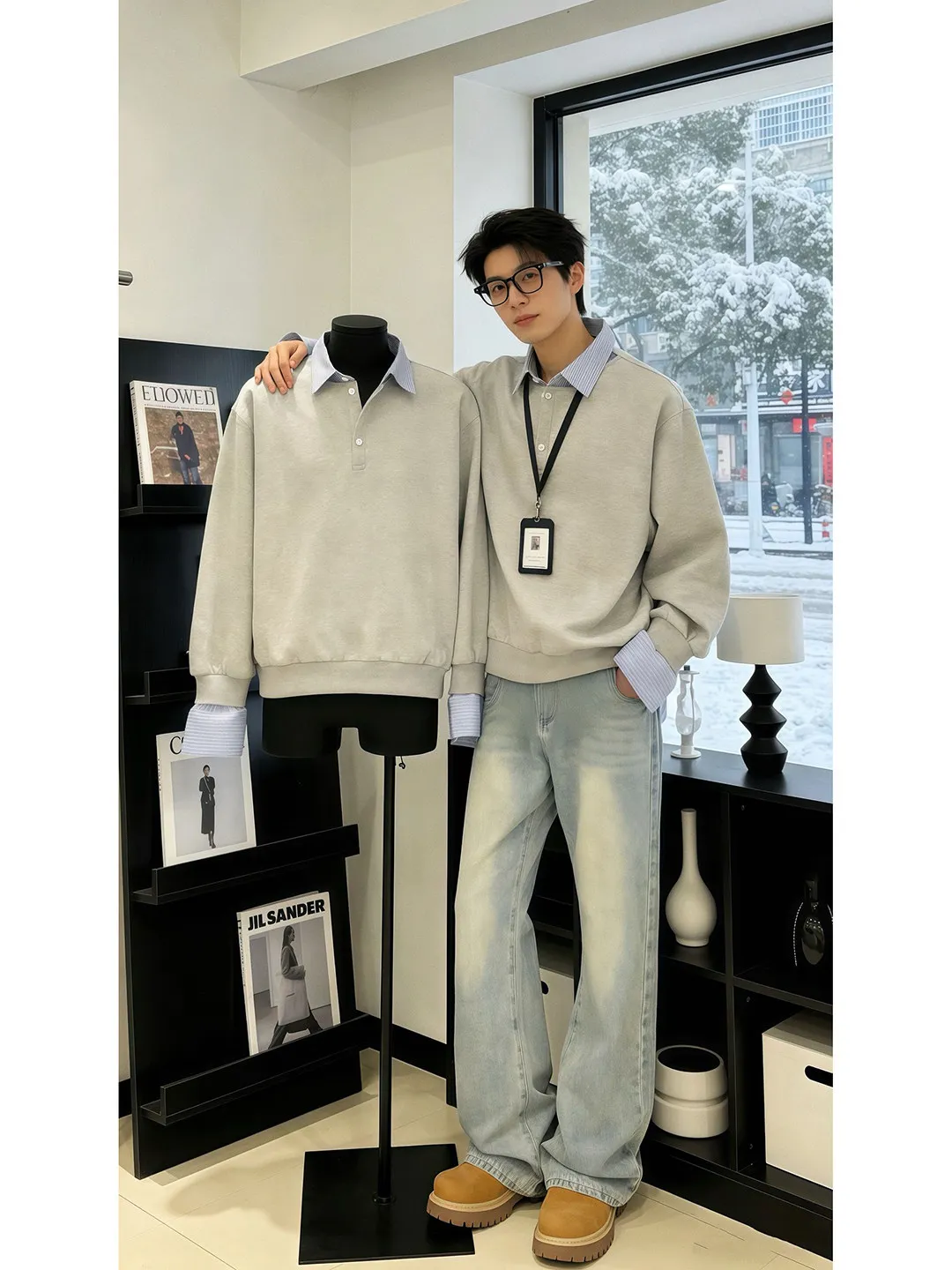 Men's Long Sleeve  Shirt Inner Wear Hoodie American High Street Shirt Collar T-Shirt Base Layer Spring New Style Casual Wear