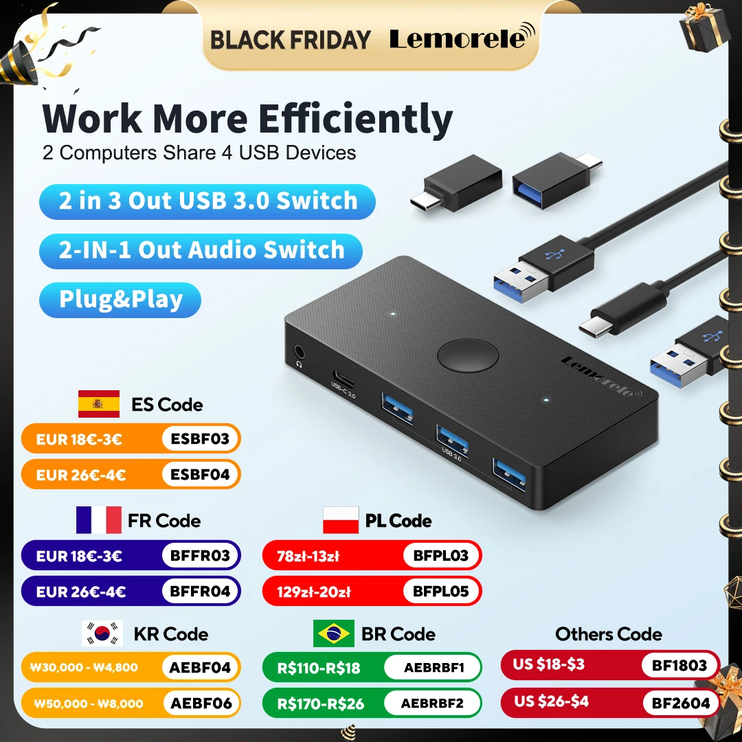 

Селектор USB-переключателя Lemorele H100, 2 ПК/ноутбука, USB3.0-концентратор, два входа, пять выходов, общий переключатель Plug and play с Windows Mac OS Linux