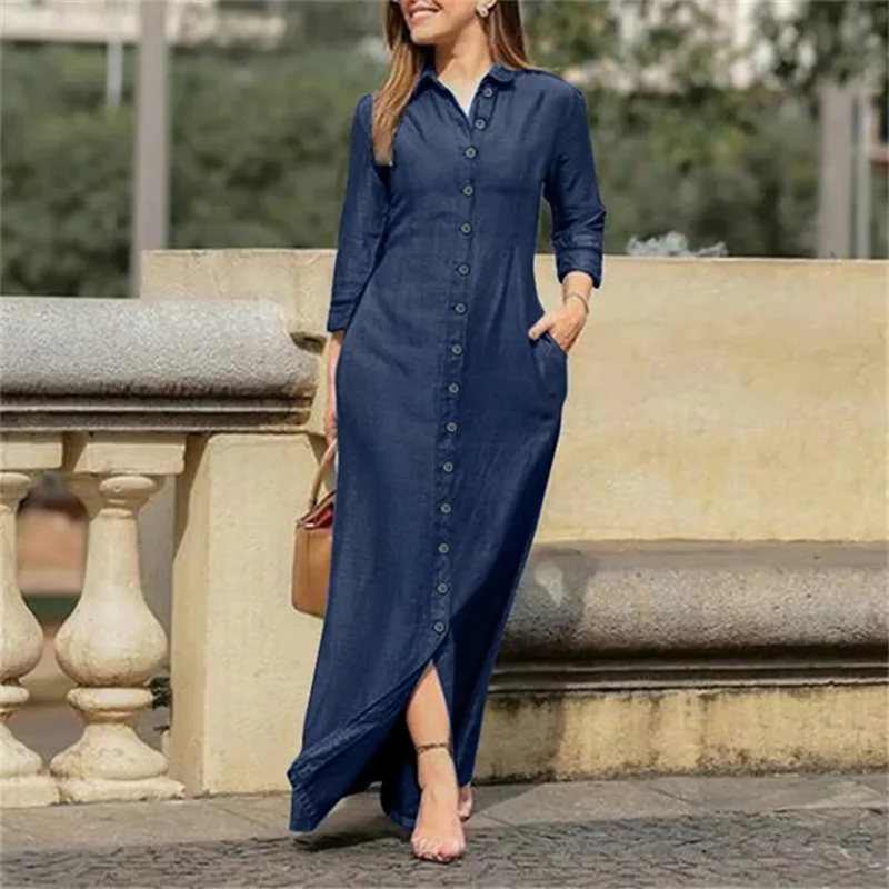 Vestido Camisero Vaquero Talla Grande con Cuello, Bolsillos y Falda Acampanada