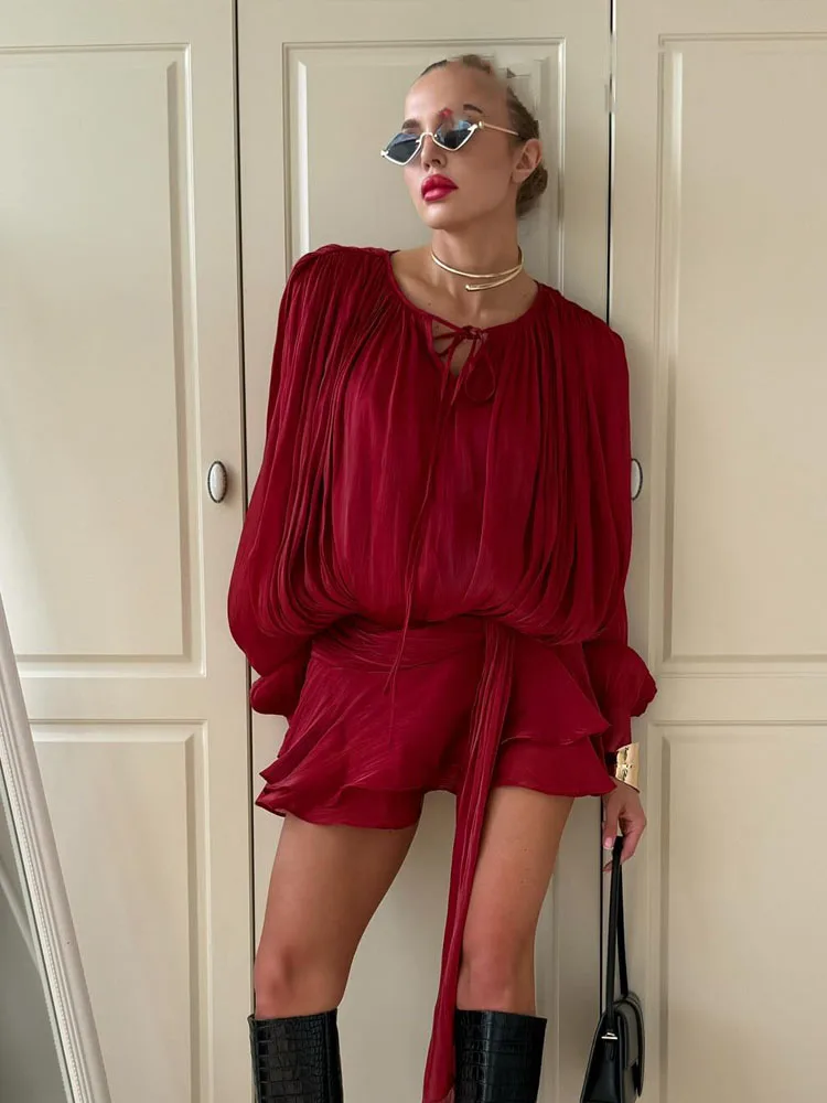 HH-Conjunto de 2 piezas de moda para mujer, minivestido plisado liso con mangas abullonadas y cuello redondo + pantalones cortos elegantes con cremallera trasera, traje en 4 colores