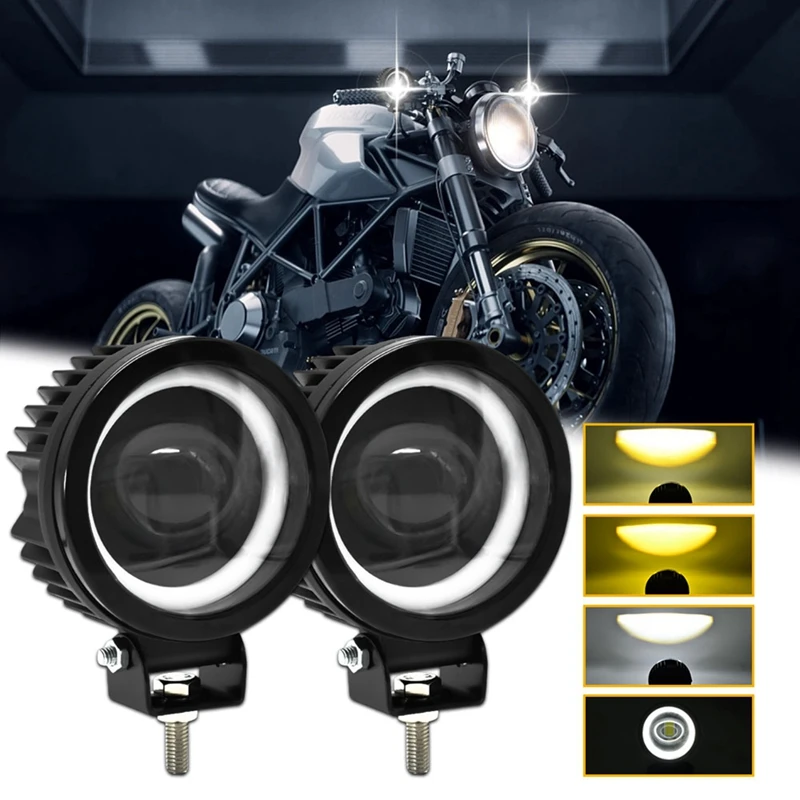 60W 6000LM Round LED Angel Eyes Light Bar 6000K/3000K White+Yellow Light For Motorcycle Offroad LED Work Light - 2PCS