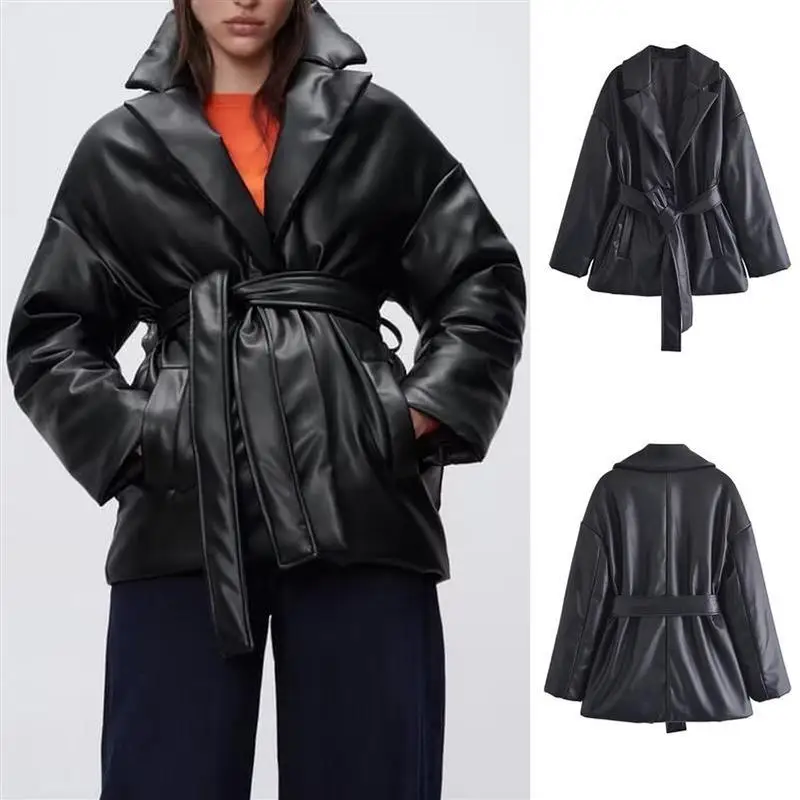 

Теплый модный повседневный пояс из искусственной кожи, украшенный хлопковым джатом, женский весенний модный верхняя одежда, хлопковое пальто