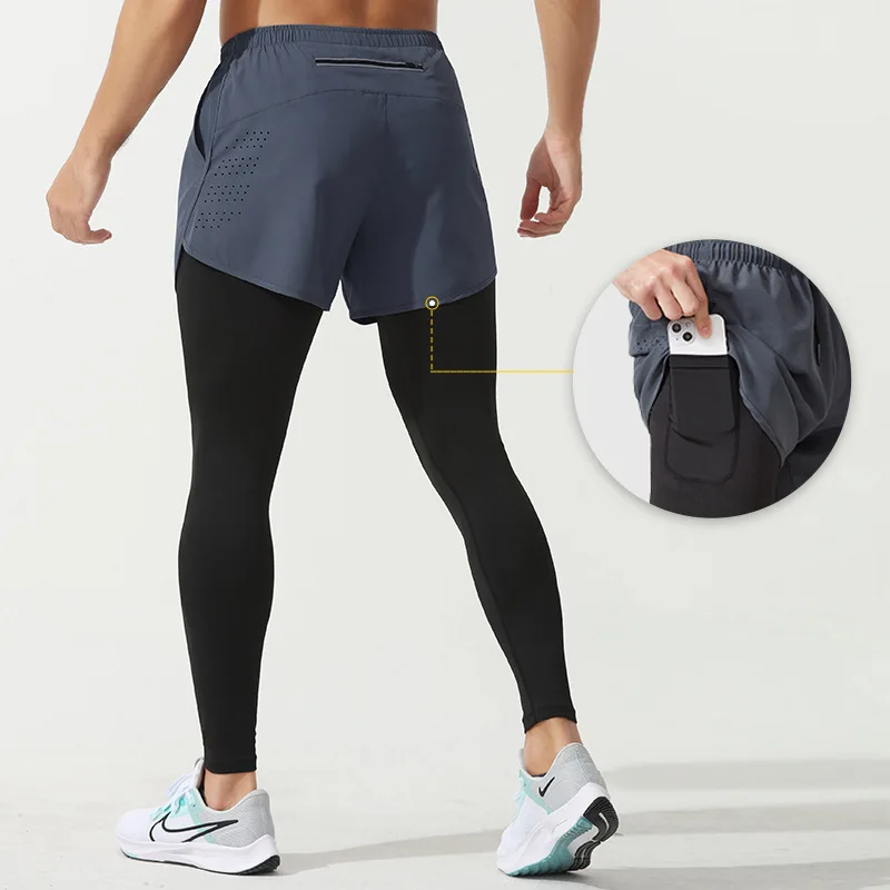 

Fake Two pieces tight fitting men's vacation quick drying breathable pocket reflective pants running sports fitness women