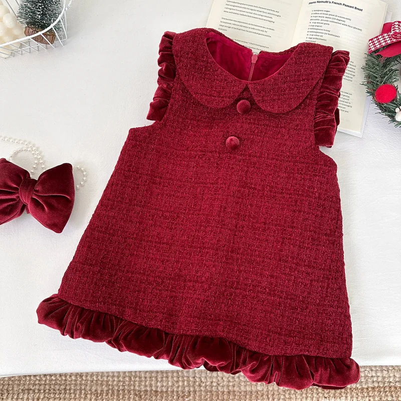 

Girls' Dress Winter New Children's Red Fleece Lined Thickened Cute Warm Turn-down Collar Vest Dress