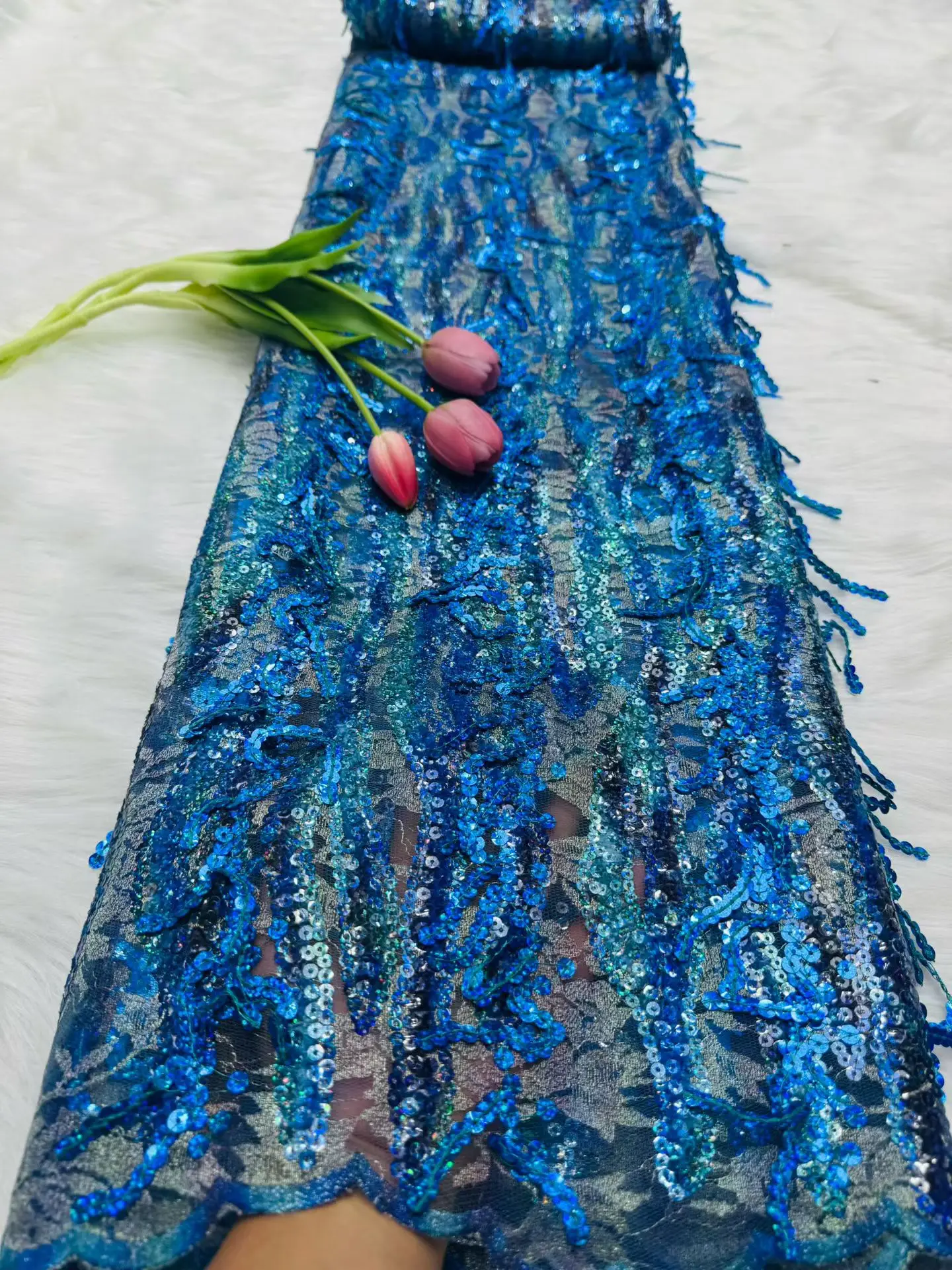 Latest Nigerian Sequins Tulle Lace Fabric High-Quality Embroidery African Net Cloth for Prom Dresses Beads 5 Yards 2025 Hm206-1