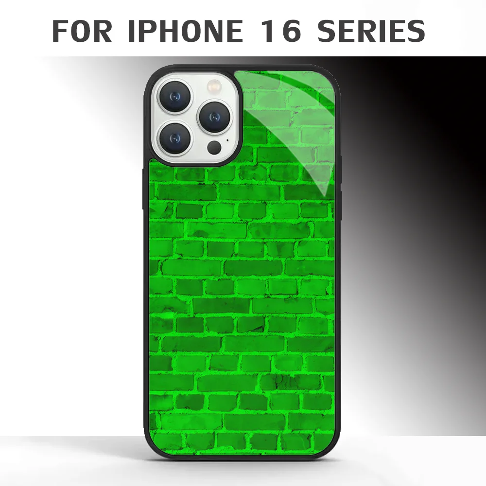 Bright Neon Green Brick Wall Phone Case For IPhone 16 16pro 16plus 16promax Pro Plus Max Mirror Acrylic PC TPU Cover