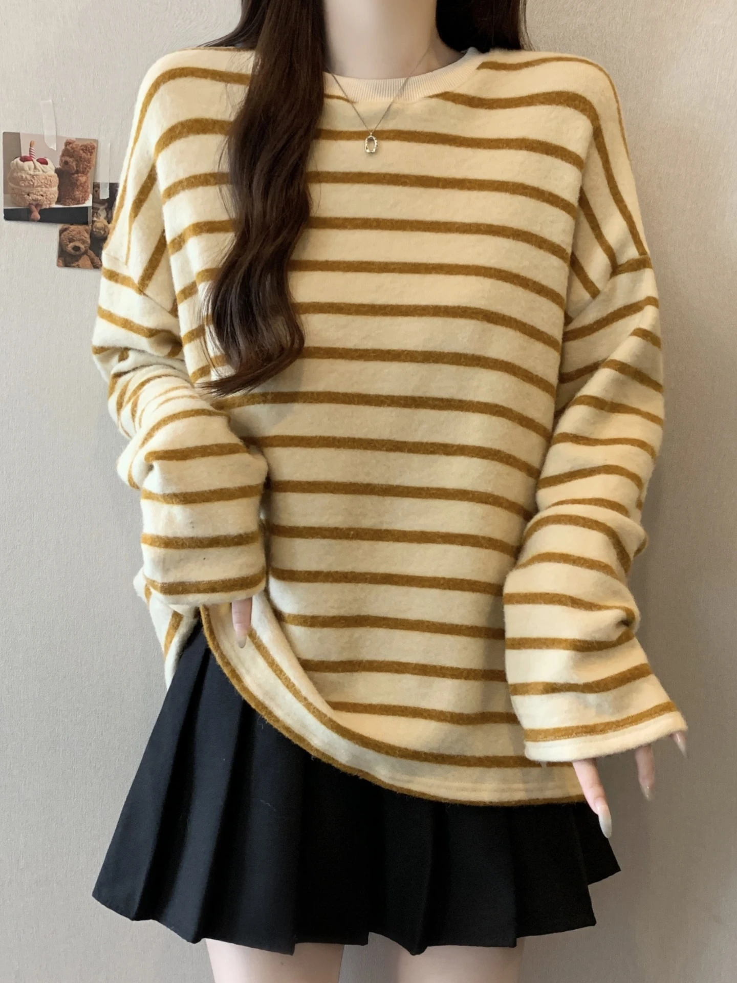 Retro Striped Knitted Base Shirt Sweater Women Spring Autumn plus Size Conceal Belly Loose Fitting Korean Style Top