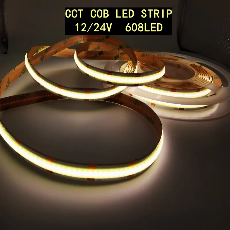 5M CCT FOB COB LED Strip DC 12V 24V 608LEDs/m 10mm PCB flessibile Tape LED Light white warm white 3000K 6000k Dimmable for Decor