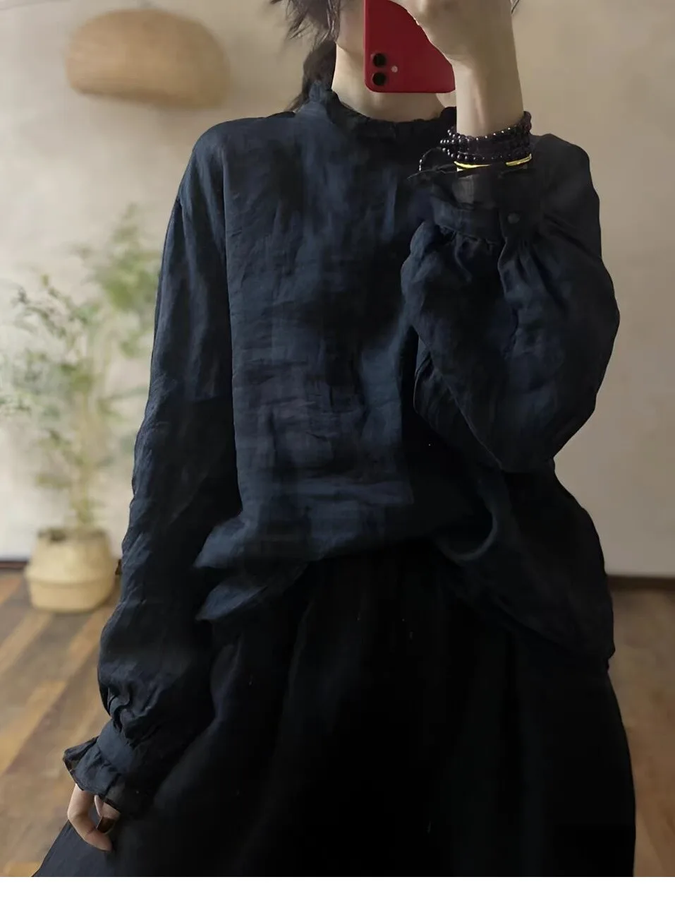 Ele Charming Artistiek Sle Linnen irt met Kanten Kraag Lente Seizoen Dames Loose Fit Lange Sve Bloemblaadje Kraag Blouse