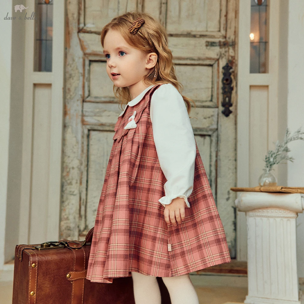 Dave Bella Girls Princess Dress Sweet Cute Childrens Plaid Fake Two Piece Baby Long Sleeve Dress Outdoor Party DB3261130