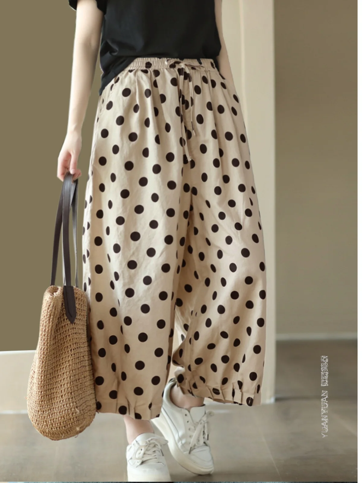 Japanese Sle Polka Dot Wide Leg Pants Women's Small Size Casual Cotton Linen Harlan Nine Point Pants Korean Sle Commute