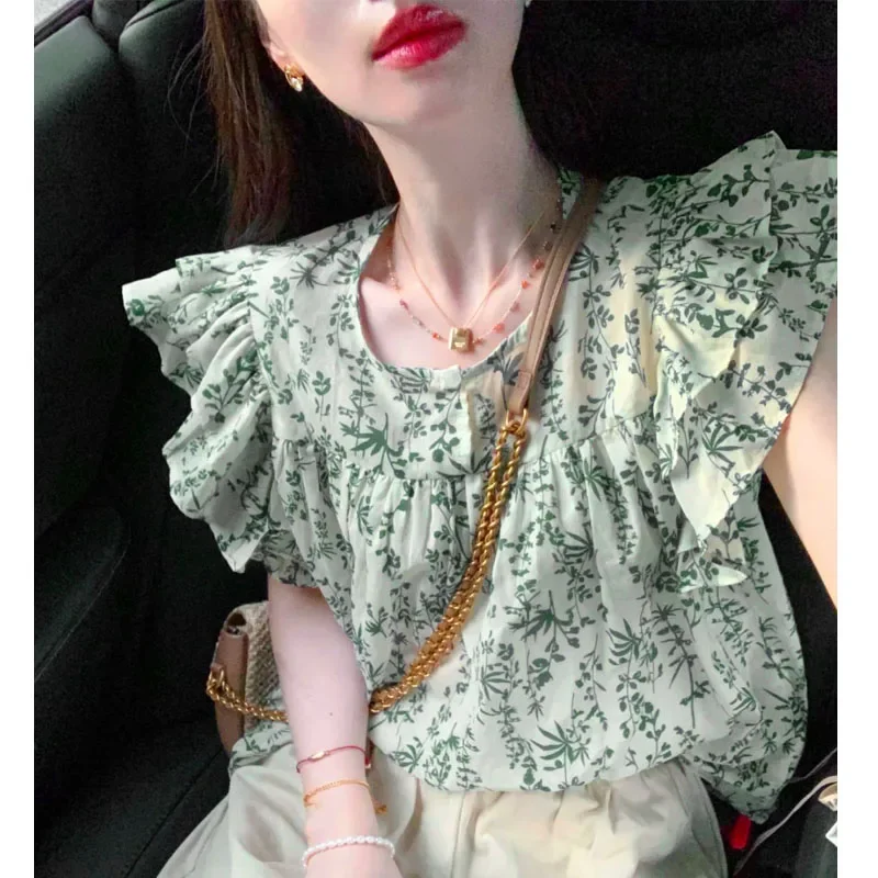 Summer Women Shirt 2024 New Vintage Flying Sleeve Floral Printed Tops Round Neck Casual Loose Ruffles Pullovers Blouse