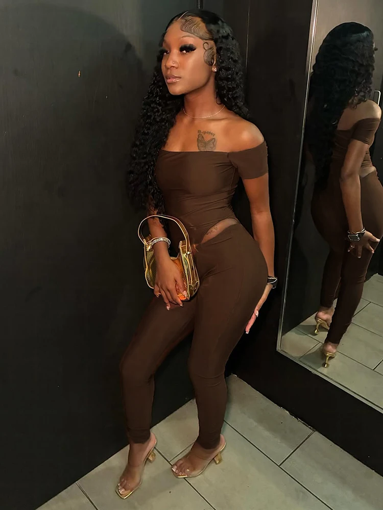 Kombinezon Sisterlinda w stylu hipster, damski, z dekoltem typu slash neck, bez talii, seksowny, klasyczny, elastyczny, obcisły, streetwearowy, na nocną imprezę, do klubu.