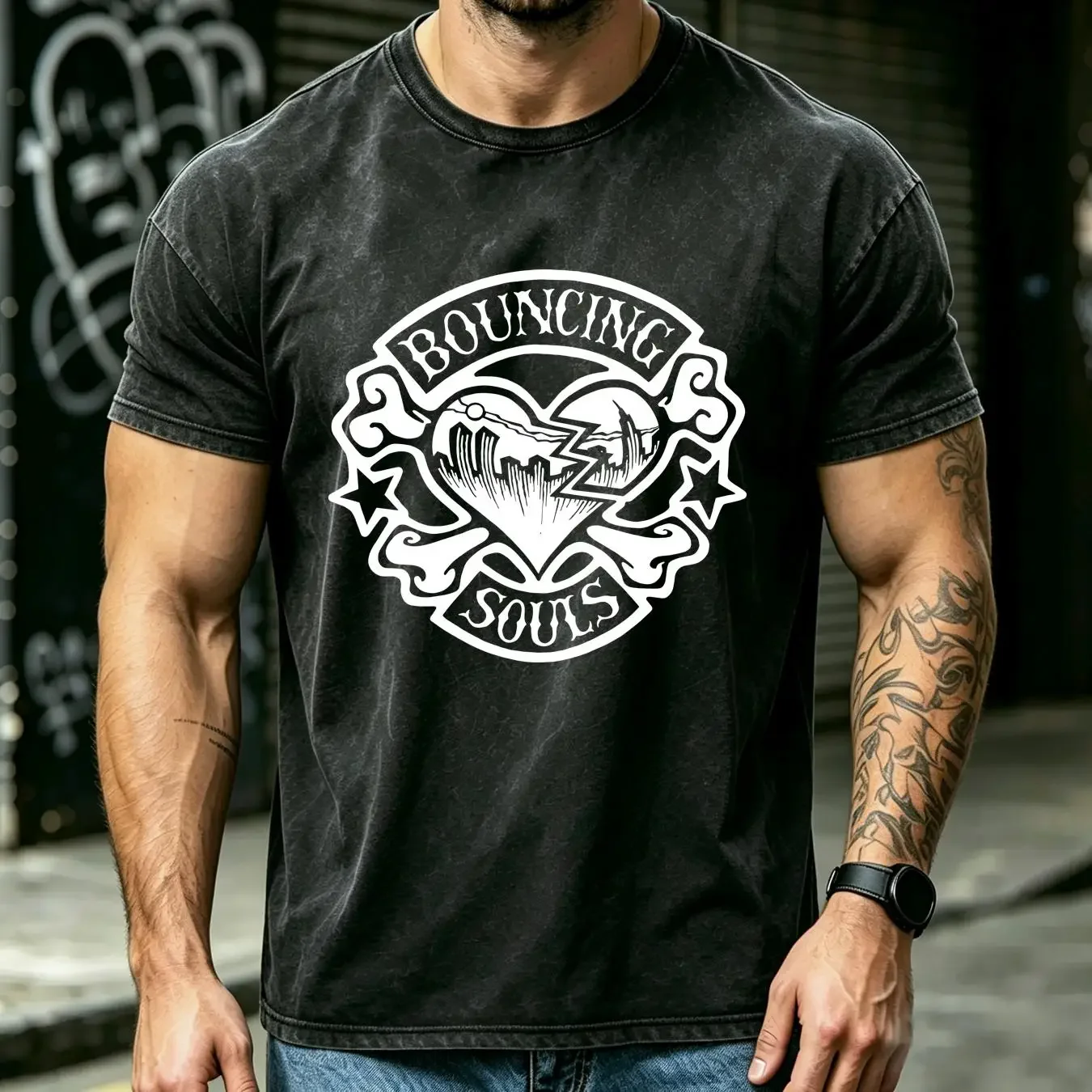 washed T Shirt bouncing souls rocker heart vintage Washed Casual Comfortable Unisex Slightly Stretched graphic Breathable Soft