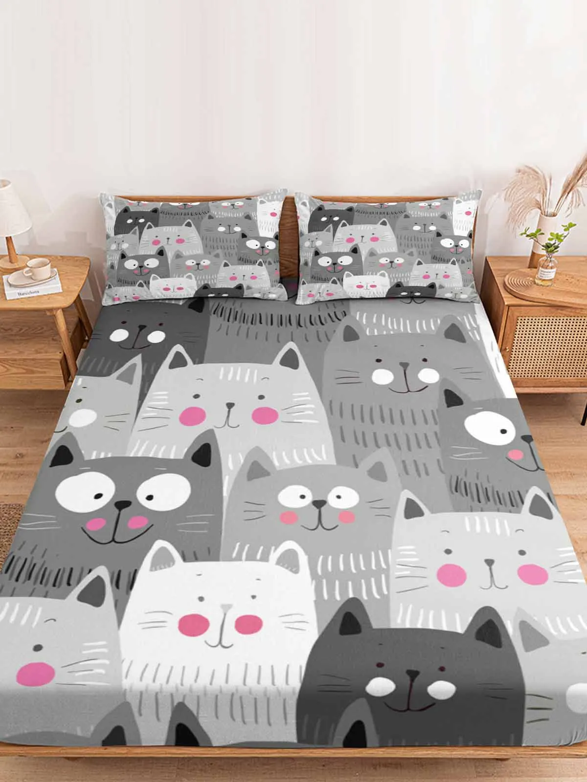 Cartoon Grey Cat Fancy Cute Cats Queen Size Bed Mattress Fitted sheet Elastic Rubber Band Non-slip Bed Sheet Pillowcase Set