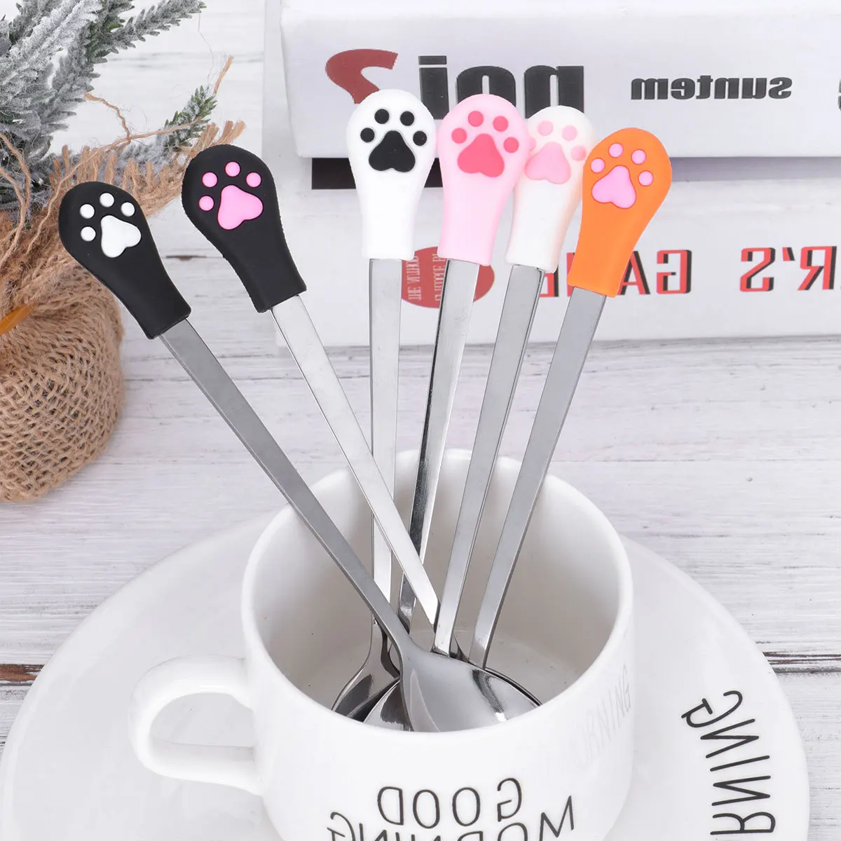 

6 pcs Cat Claw Spoons Stainless Steel Silicone Head Coffee Tea Dessert Ice Cream Sugar Spoon For Home Party Kitchen Bar Tool