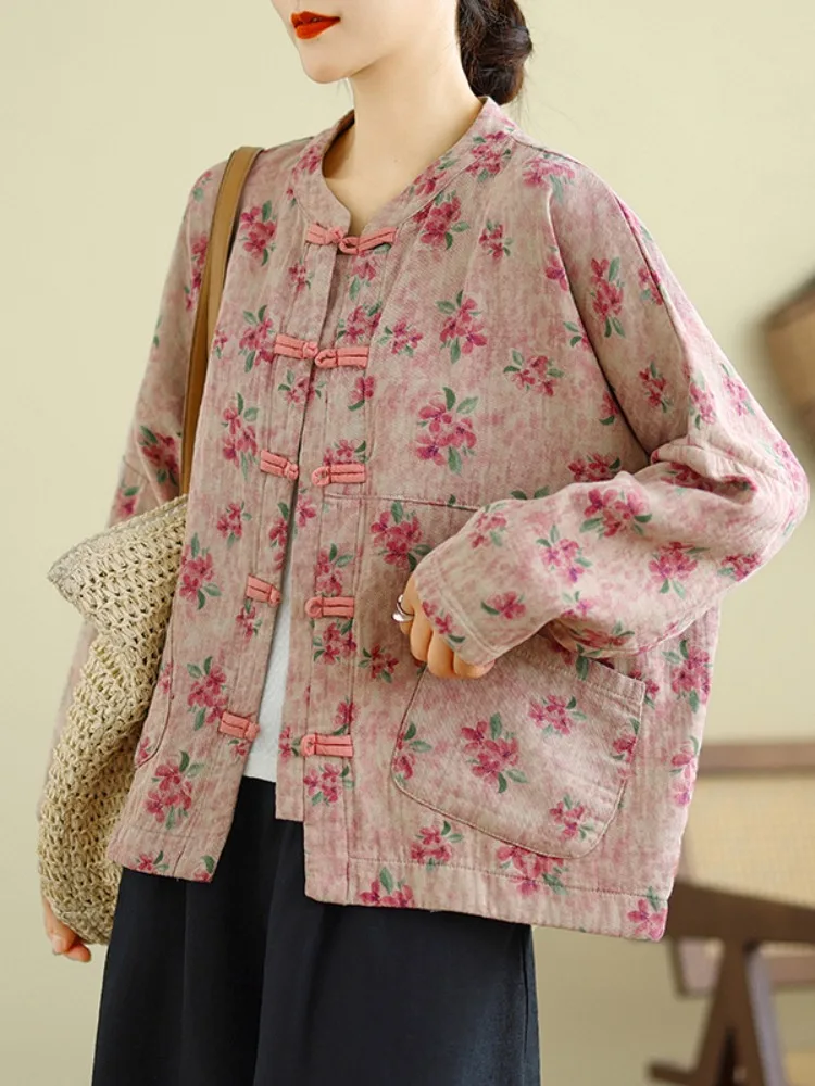 New Chinese Style Short Jacket Women's Cotton Linen Floral Print Button up Shirt Traveling Zen Meditation Home Wear Autumn Mo...